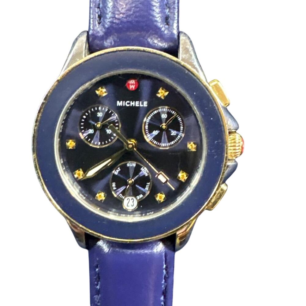 MICHELE MX05423 Women's Diamond Chronograph Watch Blue Leather band